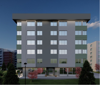 Vizualizacija idejnog rješenja stambene zgrade, prikazana u večernjem ambijentu