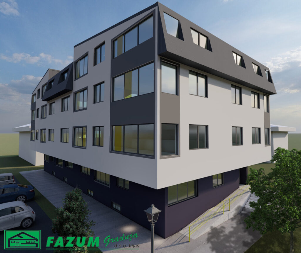 3D render stambenog objekta Omladinska – moderna zgrada sa bijelo-sivom fasadom i tamnim krovom, okružena zelenilom i parking prostorom.