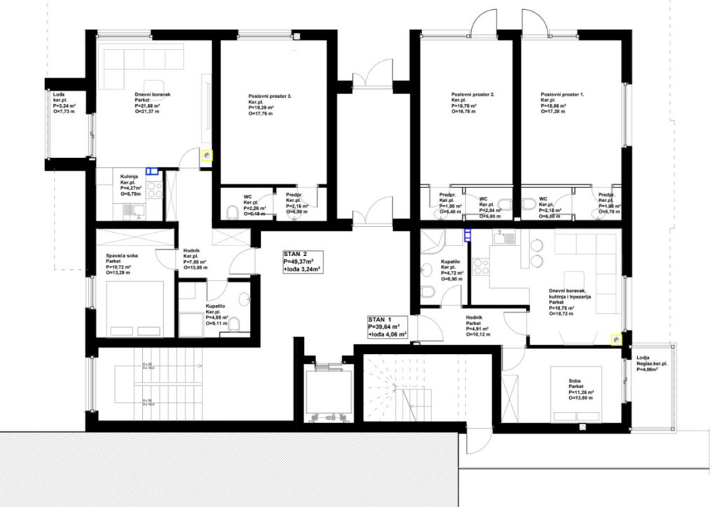 Detaljan arhitektonski plan jednog sprata zgrade sa rasporedom stanova i poslovnih prostora
